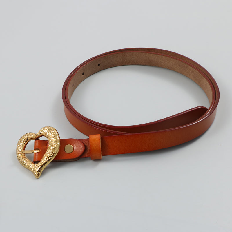 Gold Peach Heart Shape Buckle Top Layer Cowhide Leather Belt LittleYogaSocks