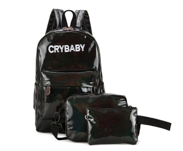 Holographic Laser Backpack Embroidered Crybaby Letters Hologram Backpack set School Bag +shoulder bags +penbags 3pcs/set eprolo