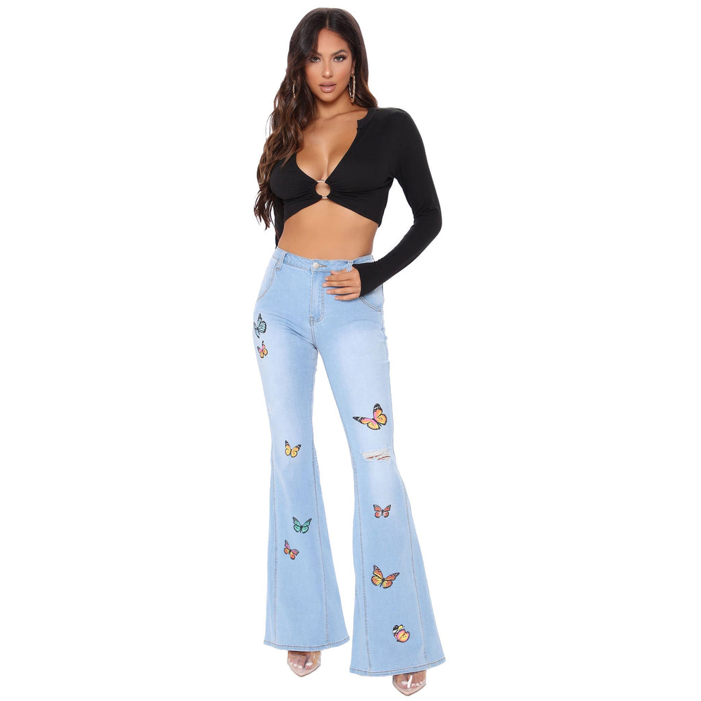 Tailored butterfly wide leg perforated high stretch flared pants eprolo