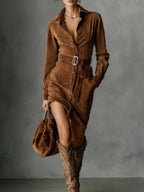 Fashionable Suede Single-Breasted Shirt Dress with Belt, Short Skirt Style eprolo