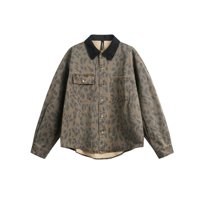 Loose heavy industry vintage leopard print long sleeved denim shirt for men and women eprolo
