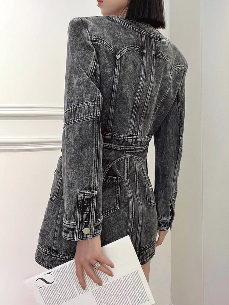 Denim Slim Dress For Women V Neck Long Sleeve High Waist Solid Mini Dresses Female Autumn Clothing Style New eprolo
