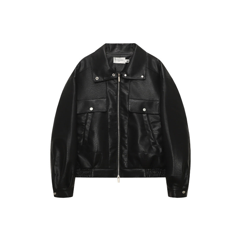 Retro Deconstructed PU Leather Jacket for Men, Turn-down Collar, Streetwear Preppy Style, Trendy Casual Outwear eprolo