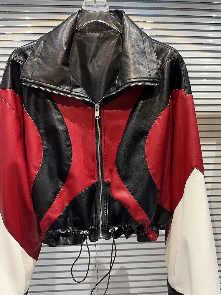 Fashion Contrast Color Patchwork Motorcycle Leather Jacket For Women Long Sleeve Lapel Zipper Coat  Autumn New eprolo