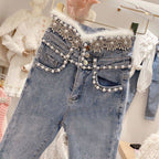 High Rise Single Breasted Jeans With Beads And Wool Stitching LittleYogaSocks