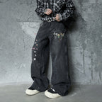 Casual Knife-Edge Pants for Men, Loose Straight-Leg Patchwork Denim Pants, Embroidered Wide-Leg Long Pants eprolo