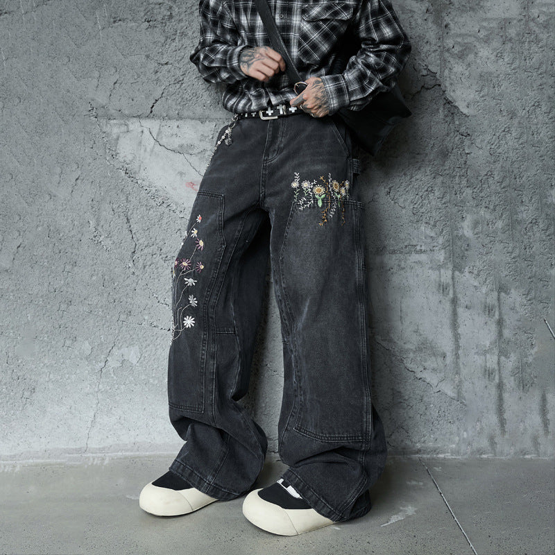 Casual Knife-Edge Pants for Men, Loose Straight-Leg Patchwork Denim Pants, Embroidered Wide-Leg Long Pants eprolo