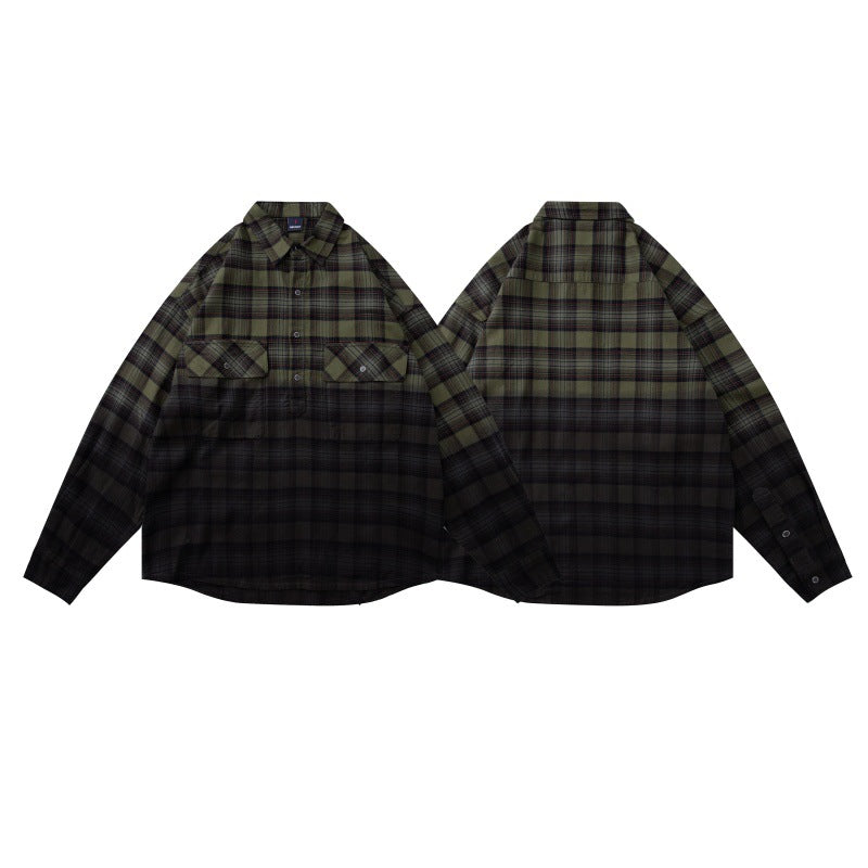 Gradient Dyed Loose Half-Open Chest Long Sleeve Plaid Shirt Men eprolo