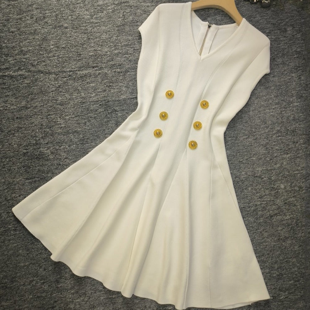 Raglan sleeves V-neck metal buckle high waist zippered knit dress trendy eprolo