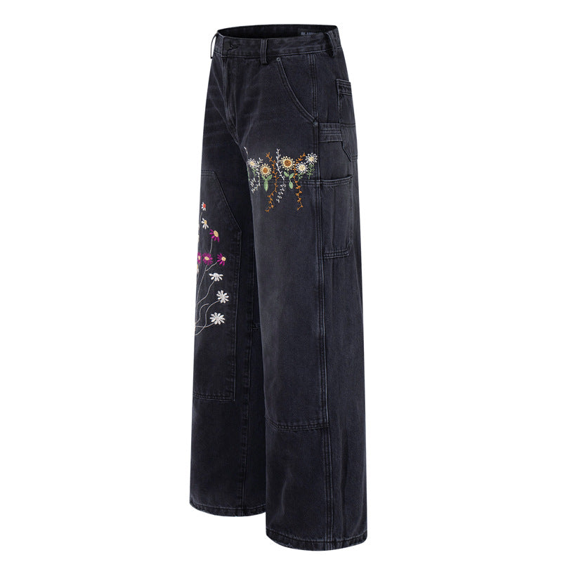 Casual Knife-Edge Pants for Men, Loose Straight-Leg Patchwork Denim Pants, Embroidered Wide-Leg Long Pants eprolo