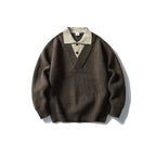 Color Block Long Sleeve V-neck Flip Collar Loose Fit Knit Sweater for Men eprolo