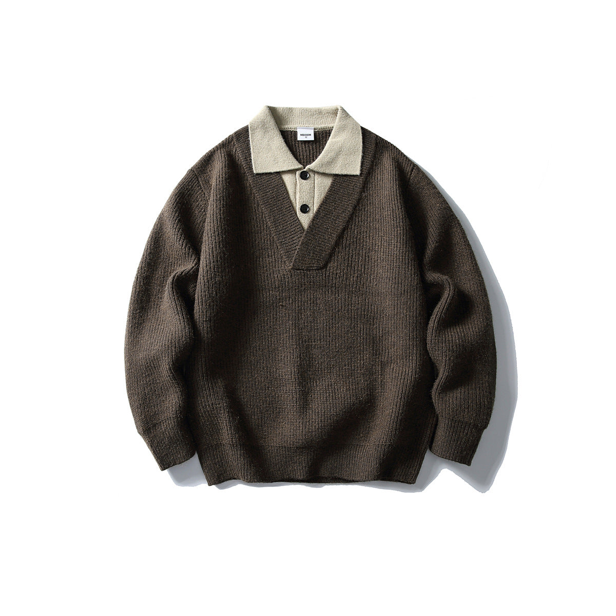 Color Block Long Sleeve V-neck Flip Collar Loose Fit Knit Sweater for Men eprolo