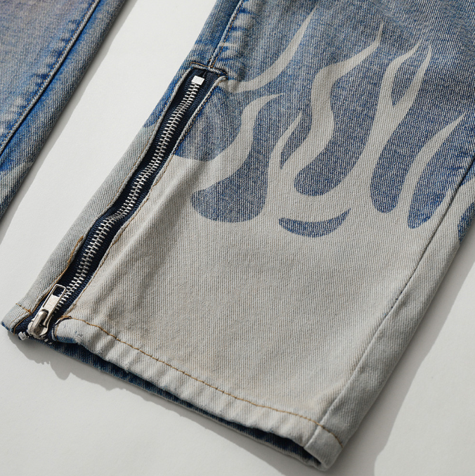 Trendy brand spray painted torn jeans for men hiphop fashion hip-hop fashion pants with flame straight leg cropped pants eprolo