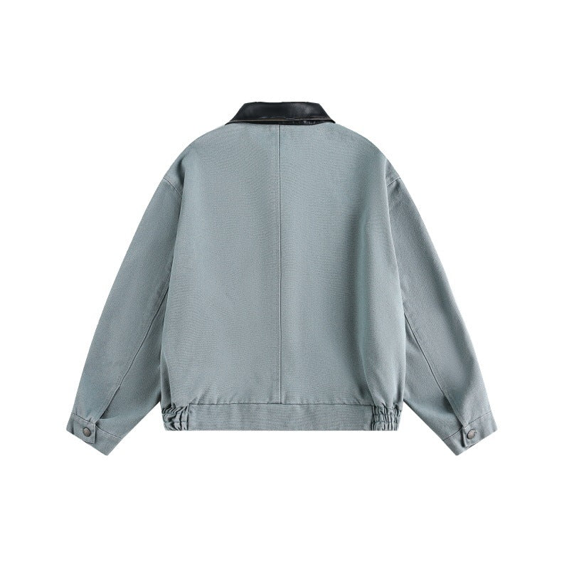 Multi-Pocket Spliced Leather Collar Loose All-Match Work Jacket Men eprolo