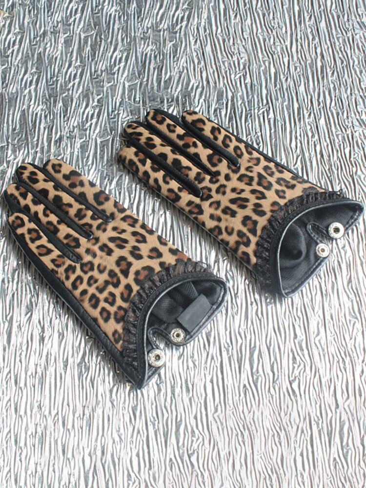 Fashion Women's Short Leather Gloves Lace Edge Leopard Sheepskin Gloves Clothing Accessories Autumn New eprolo
