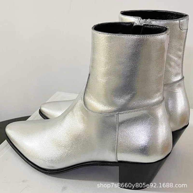 Brand new vintage ancient style men sliver boots point toe  zip up casual shinny leather booties party shoes male eprolo