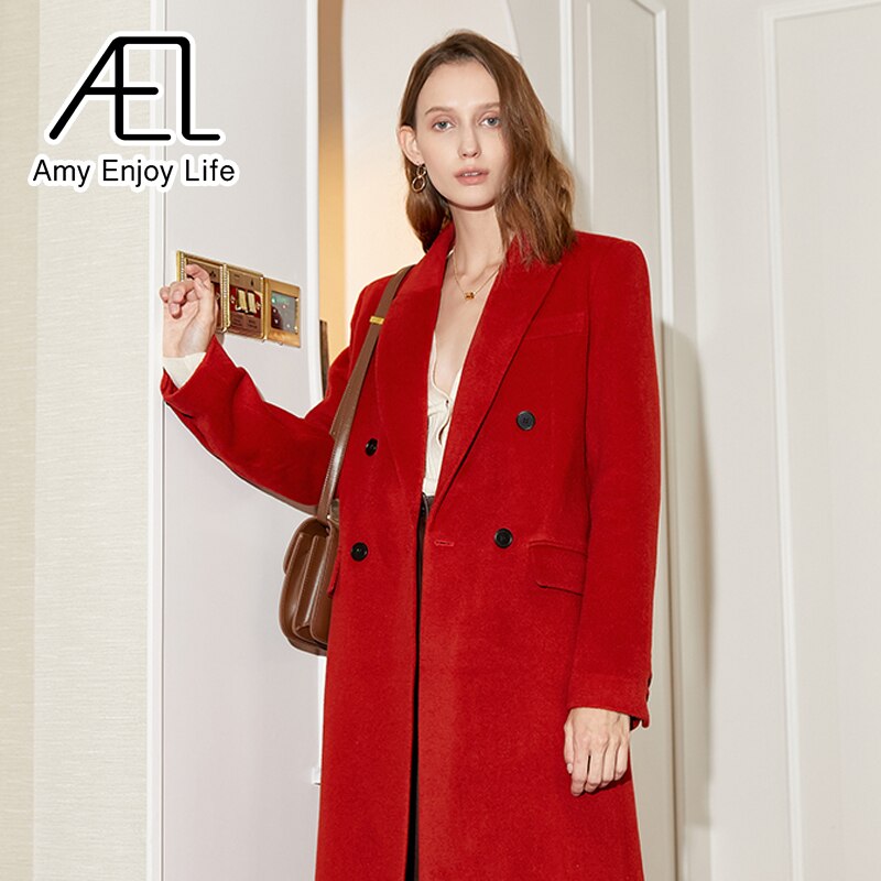 Red Double Breasted Vintage Loose Long Suit Woolen Coat eprolo