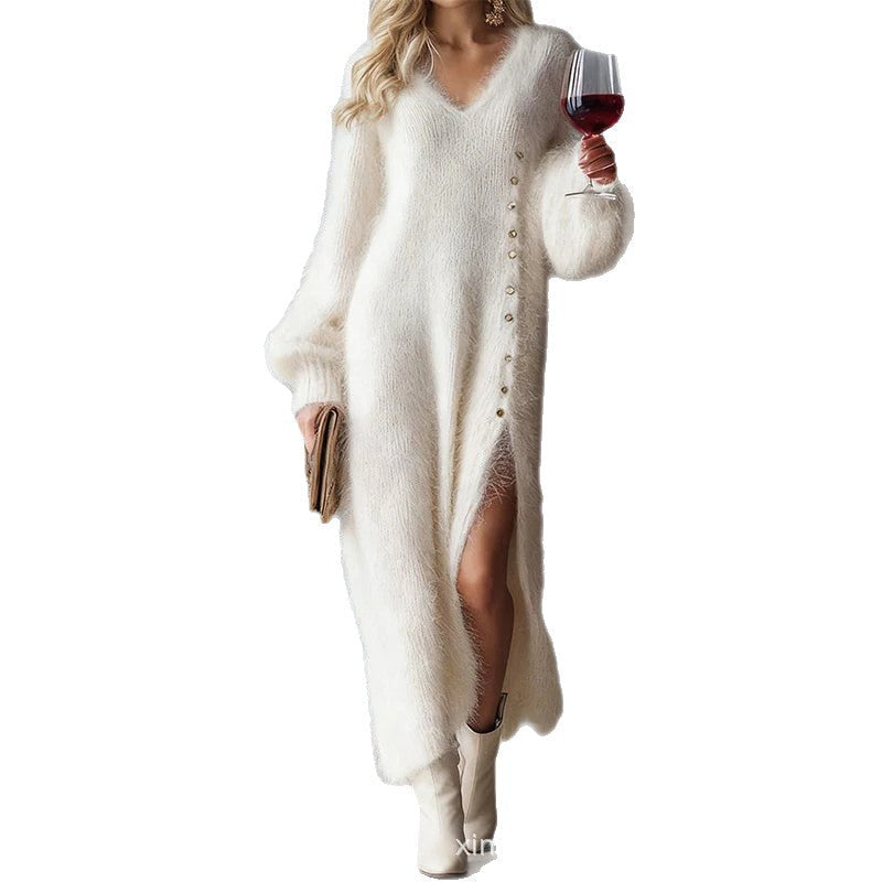 V-neck loose button slit dress eprolo