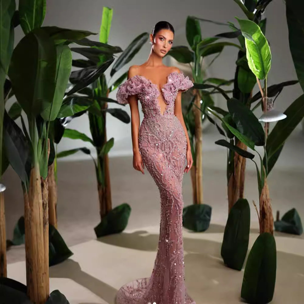 European and American style pink sexy and charming mesh evening dress eprolo
