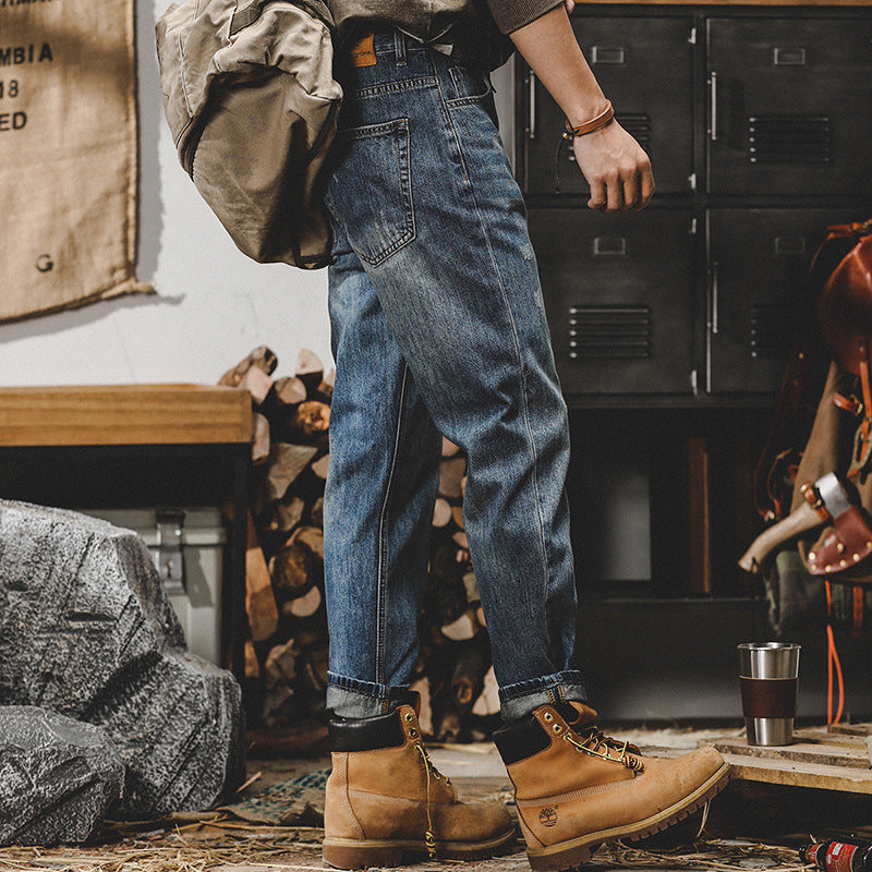 American Retro Classic-inspired men's jeans with a modern fit and durable construction. The rich indigo wash and quality denim hold their shape through everyday wear, making them a versatile wardrobe essential. LittleYogaSocks