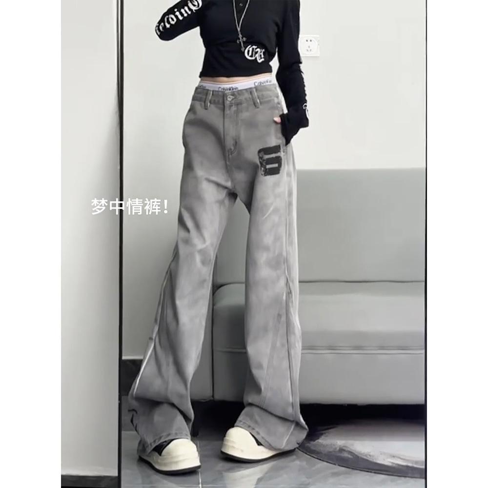 High Street Vibe Letter Print Jeans Women West Coast American Style Vintage Distressed Straight Leg Long Pants eprolo