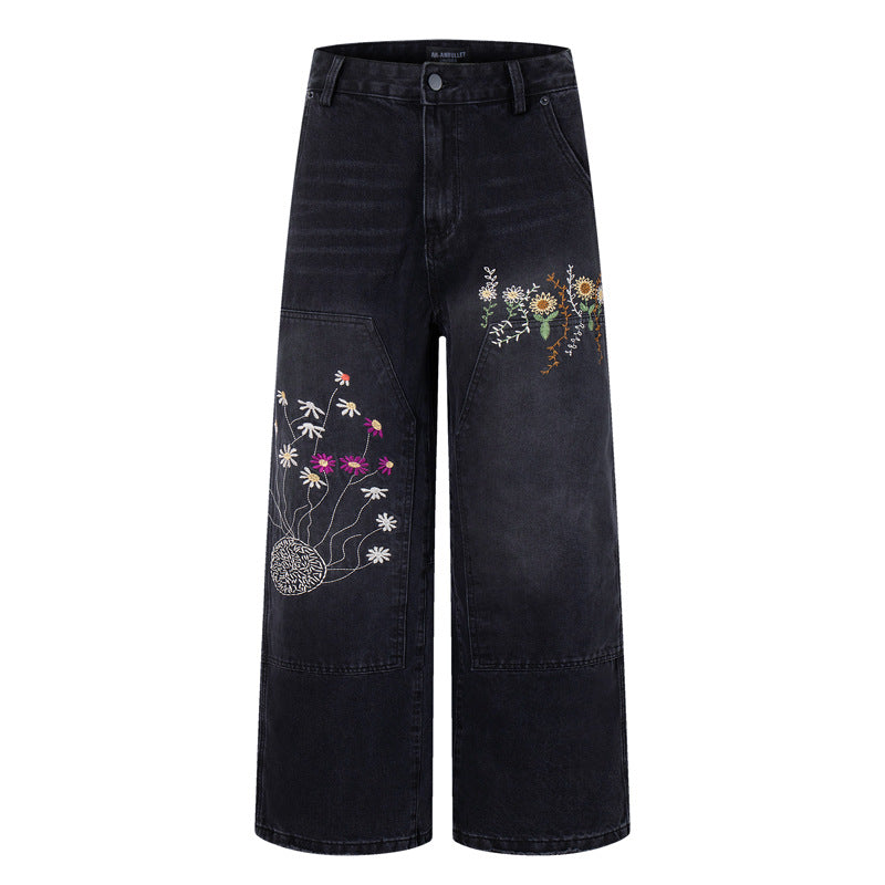 Casual Knife-Edge Pants for Men, Loose Straight-Leg Patchwork Denim Pants, Embroidered Wide-Leg Long Pants eprolo