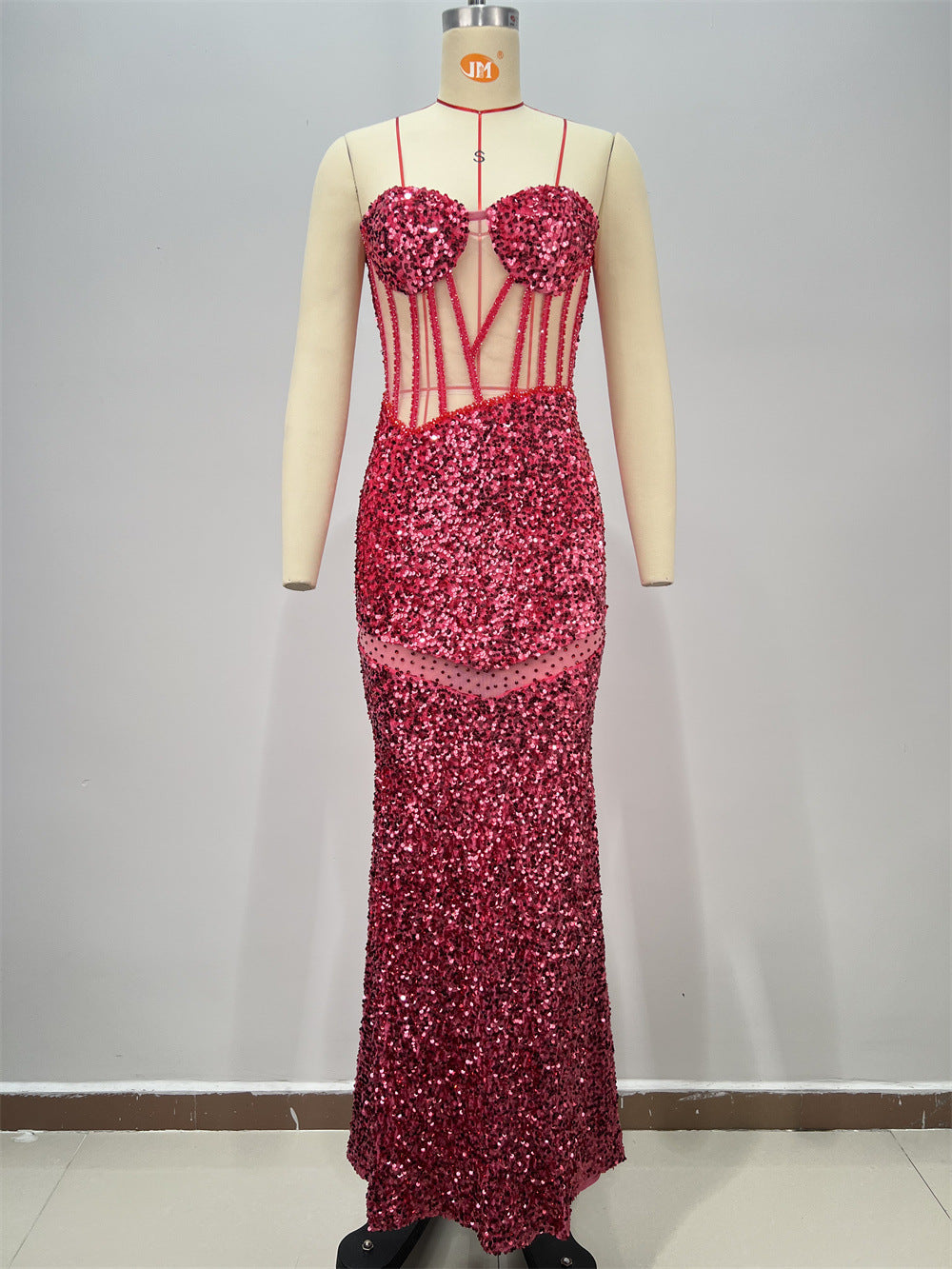 Sexy Sequined Sleeveless Halter Heavy Work Fitted Slimming Red Carpet Party Performance Gathering Dress eprolo