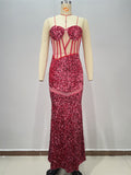 Sexy Sequined Sleeveless Halter Heavy Work Fitted Slimming Red Carpet Party Performance Gathering Dress eprolo