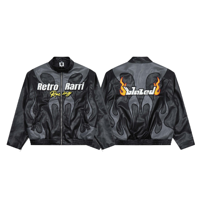 American style high street splicing flame letter embroidery leather jacket jacket men motorcycle jacket PU leather baseball eprolo