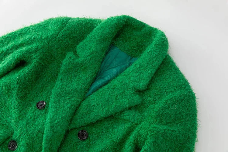 Autumn Winter Wool Blends Green Overcoat For Women Long Sleeve Pockets Double Breasted Vintage Outwear eprolo