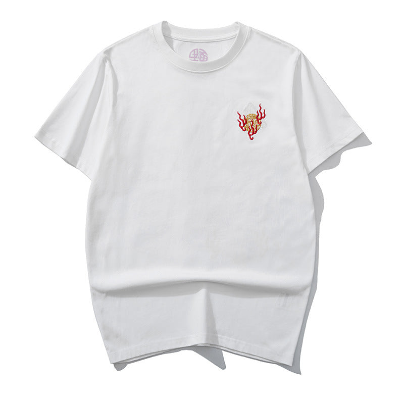 Black thread embroidery dragon pattern short sleeved T-shirt round neck pure cotton breathable top for men's fashion eprolo