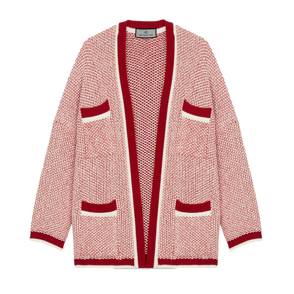 Double Woven Thickened Wool Blend Red White Color Matching Small Fragrance Knitting Cardigan Coat Women eprolo