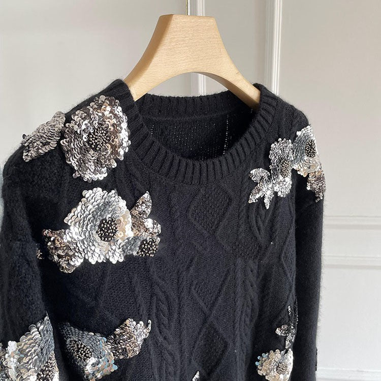 Women's Heavy Sequin Floral Embroidery Top LittleYogaSocks