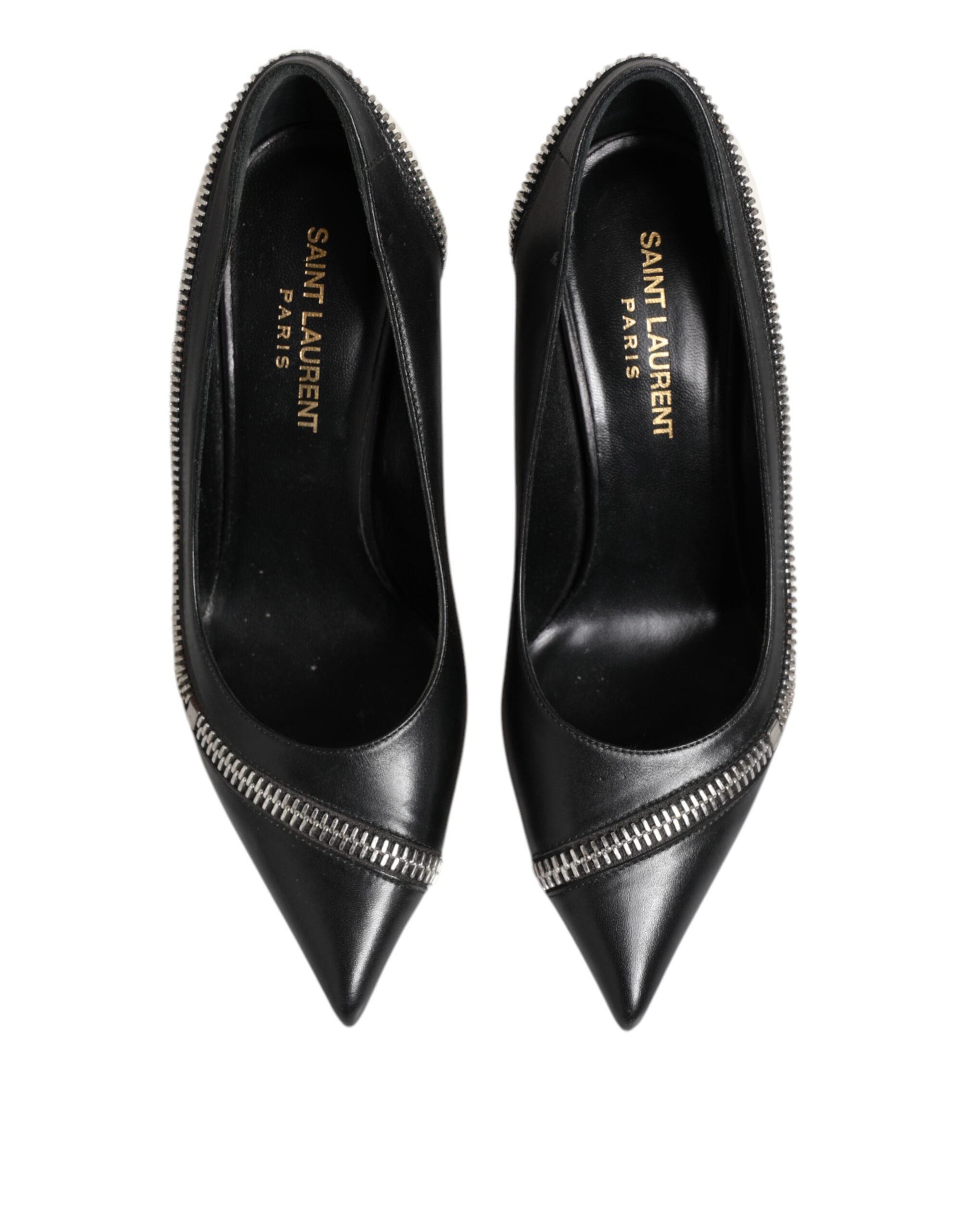 Saint Laurent White Black Leather Pointed Toe Heels Shoes Saint Laurent