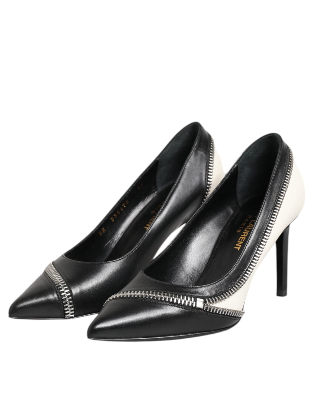Saint Laurent White Black Leather Pointed Toe Heels Shoes Saint Laurent
