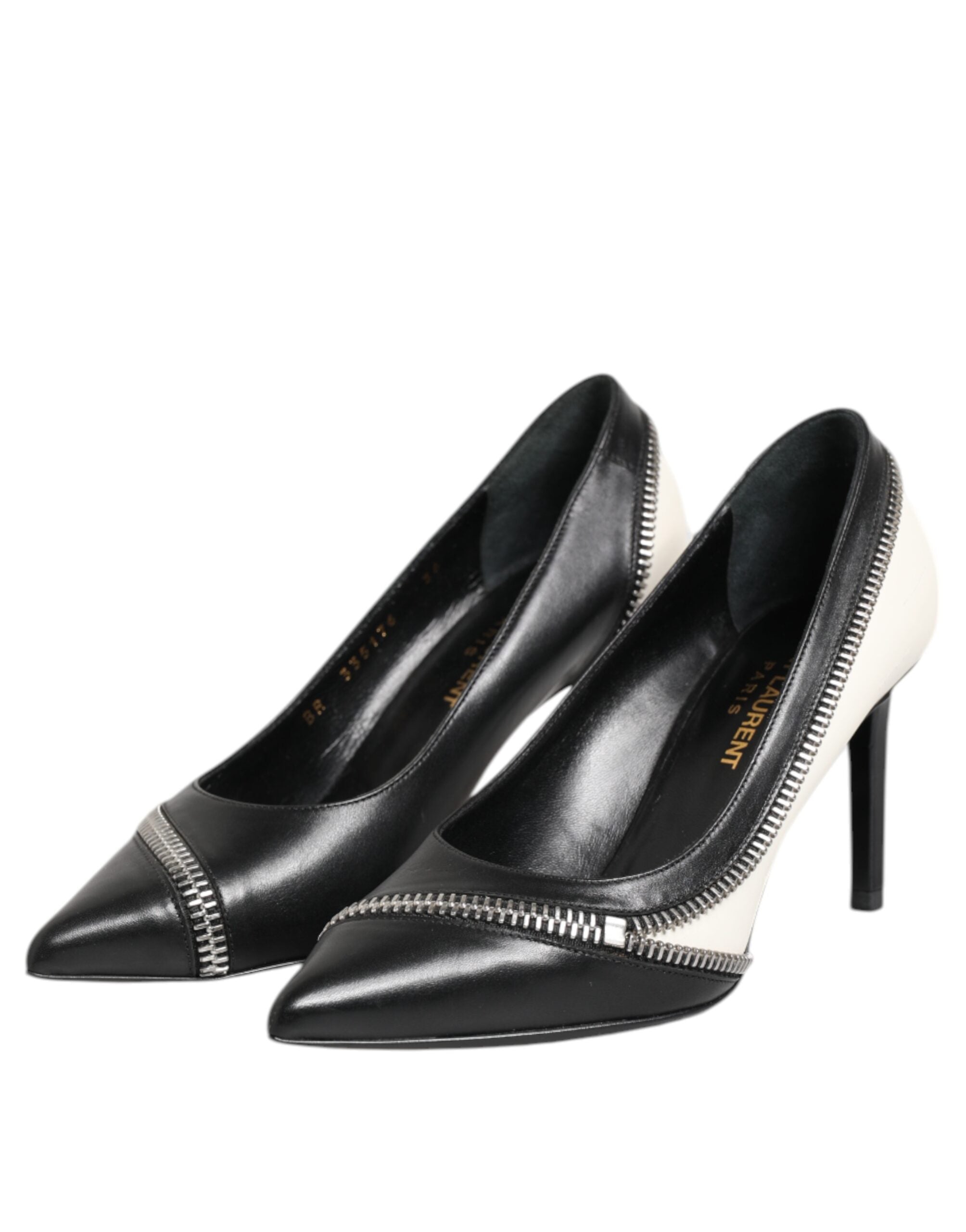 Saint Laurent White Black Leather Pointed Toe Heels Shoes Saint Laurent