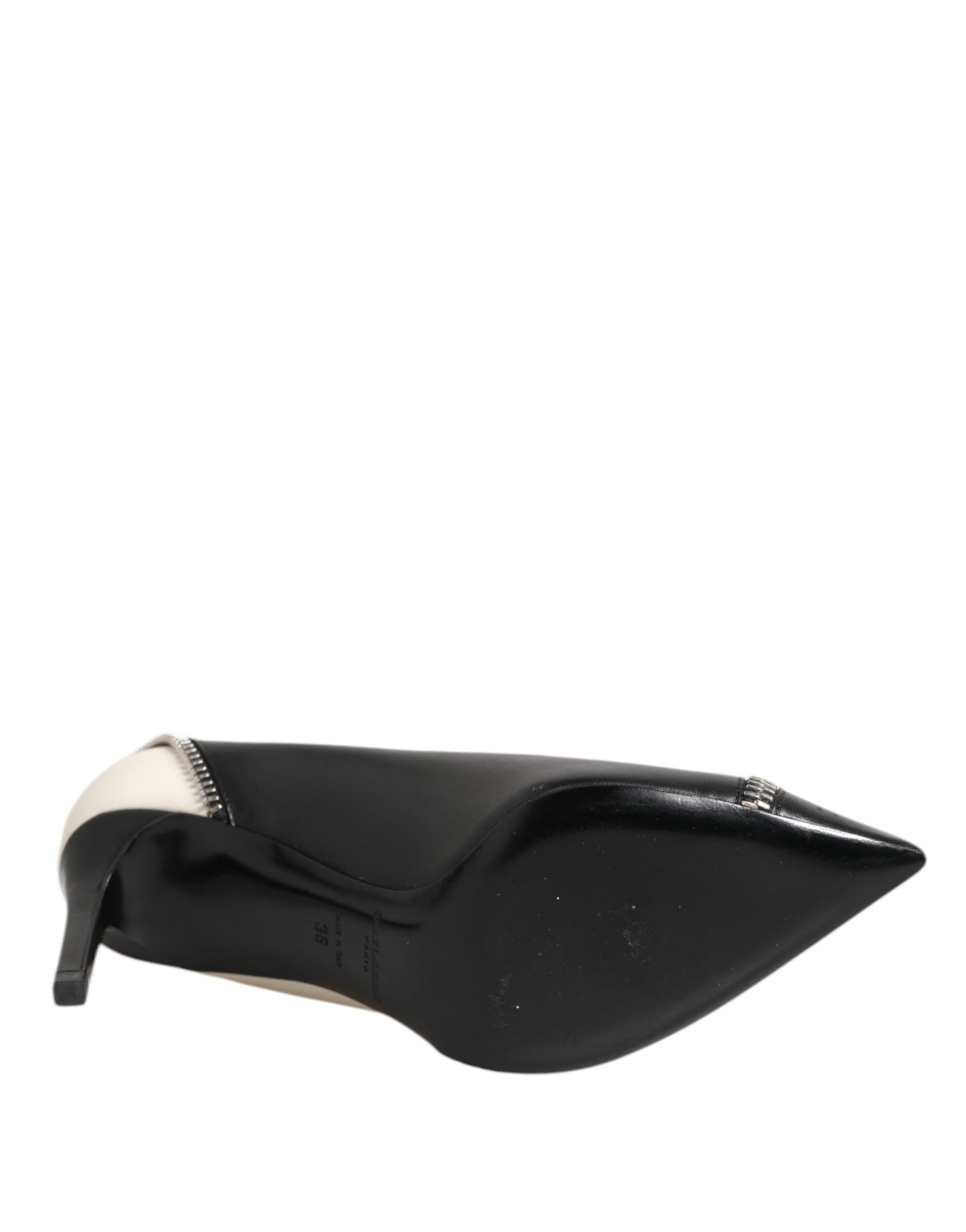 Saint Laurent White Black Leather Pointed Toe Heels Shoes Saint Laurent