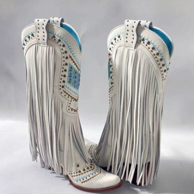 Retro Embroidered Rhinestone Slip-on Tassel Boots For Women LittleYogaSocks
