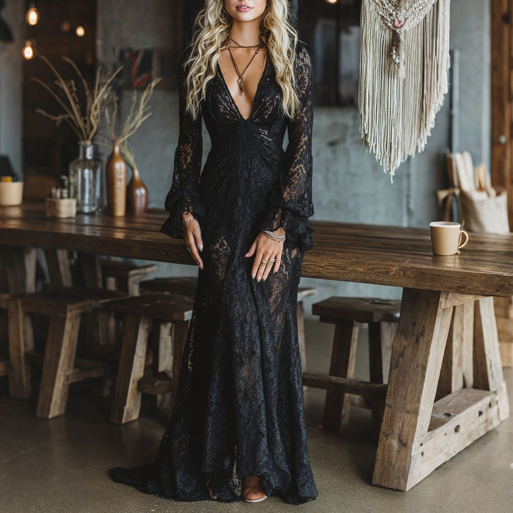 Elegant V-Neck High-Waisted Lace Flare Sleeve Dress eprolo