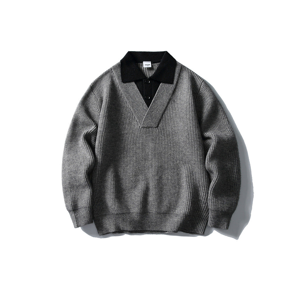 Color Block Long Sleeve V-neck Flip Collar Loose Fit Knit Sweater for Men eprolo