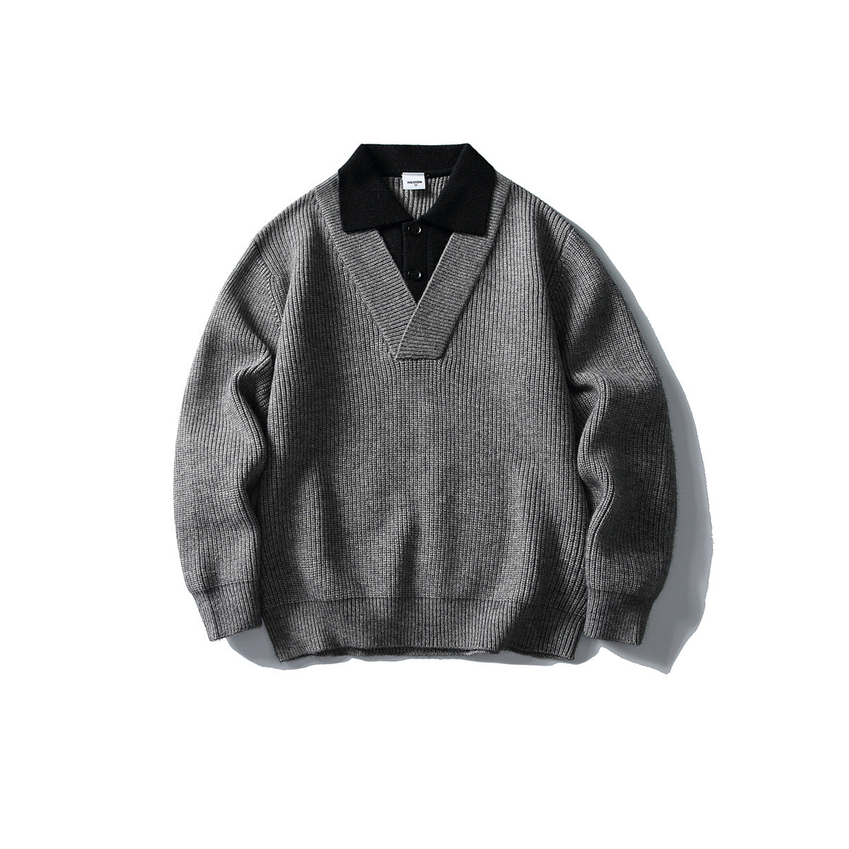 Color Block Long Sleeve V-neck Flip Collar Loose Fit Knit Sweater for Men eprolo