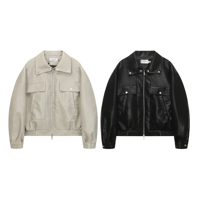 Retro Deconstructed PU Leather Jacket for Men, Turn-down Collar, Streetwear Preppy Style, Trendy Casual Outwear eprolo