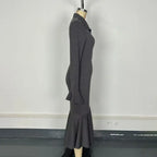 Women's Half Zip Bodycon Dress - Flared Sleeve & Fishtail Hem Long Sleeve Dress VELORIA - Thread of Generations