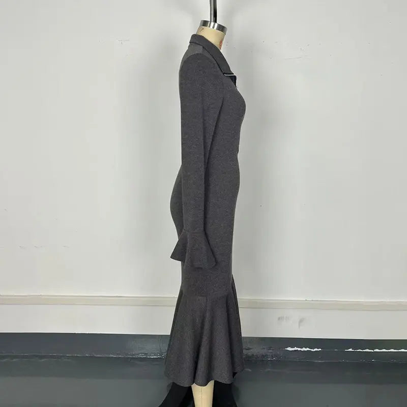 Women's Half Zip Bodycon Dress - Flared Sleeve & Fishtail Hem Long Sleeve Dress VELORIA - Thread of Generations