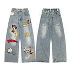 Style Casual Cartoon Embroidered Washed Denim Pants for Men, Loose Fit, College Style, Wide Leg, Couple Pants eprolo