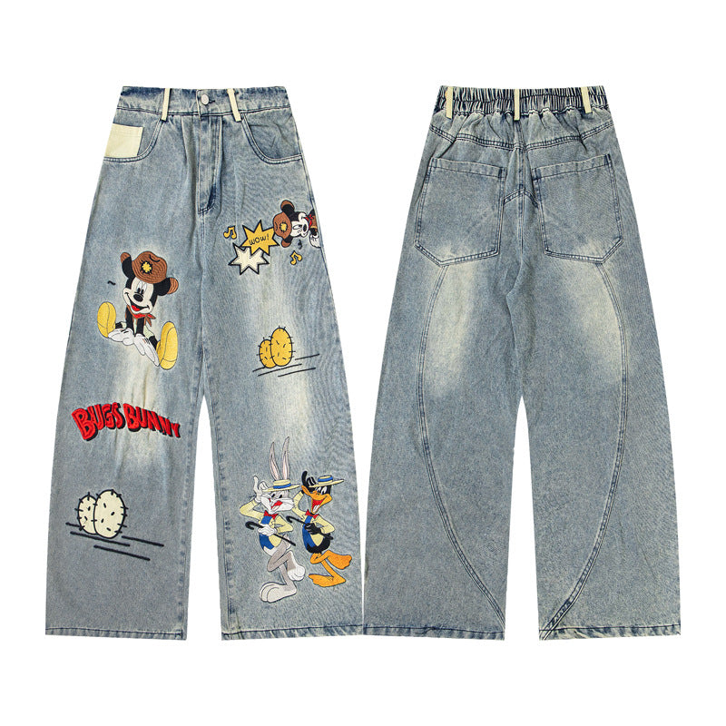 Style Casual Cartoon Embroidered Washed Denim Pants for Men, Loose Fit, College Style, Wide Leg, Couple Pants eprolo