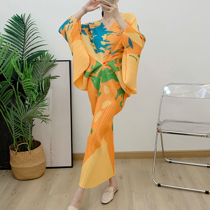 V-neck Bat Sleeve Maxi Pleated Dress Summer New Women's Elegant Retro Style Print Festival Dresses Clothing eprolo