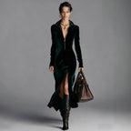 Autumn and Winter Women's Velvet Gorgeous Collar Zipper Front slit Long Dress eprolo