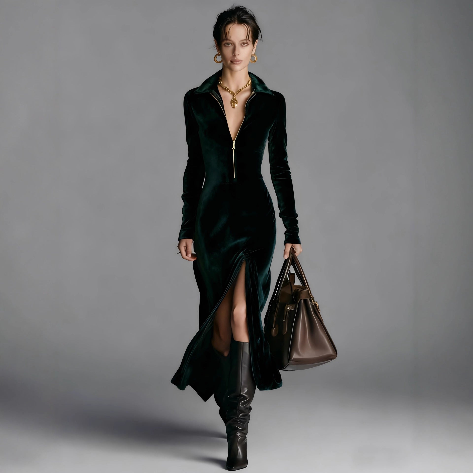 Autumn and Winter Women's Velvet Gorgeous Collar Zipper Front slit Long Dress eprolo