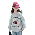 Girls' Autumn/Winter Simple Korean-Style Hoodie Round Neck Fleece-Lined Thickened Base LayerPure Cotton Top Trendy Kids Clothing eprolo